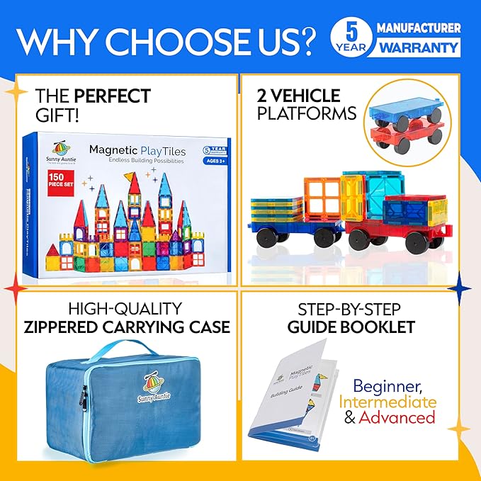 Magnetic Tiles 150 PCS+ Bonus Zippered CASE, Magnetic Tiles for Kids Toy for 3 4 5 6 7 8 Year Old Boys & Girls, Great Gift for Kids Aged 3-8, XL Set