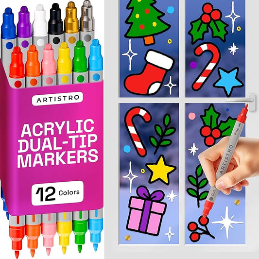ARTISTRO 12 Acrylic Paint Markers for Rock, Fabric, Wood, Glass, Craft, Decoration - Dual-Tip Paint Pens - Stocking Stuffers, Christmas Gift Idea for Teens, Grandkids, Kids - Art Supplies