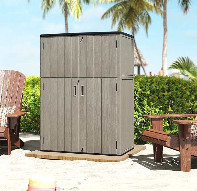 HOMSPARK Outdoor Storage Shed Weather Resistance, Patio Storage Cabinet Lockable Resin Tool Shed for Storage of Bike, Trash Cans, Garden Tools (Shallow Coffee, 66 Cu.ft)