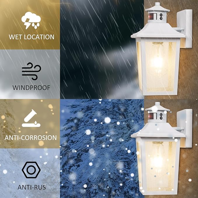 White Motion Sensor Outdoor Wall Light 2 Packs, Dusk to Dawn Outdoor Wall Lighting, Waterproof Exterior Light Fixture, Modern Porch Light Outside Wall Mount for House Patio Garage, Anti-Rust