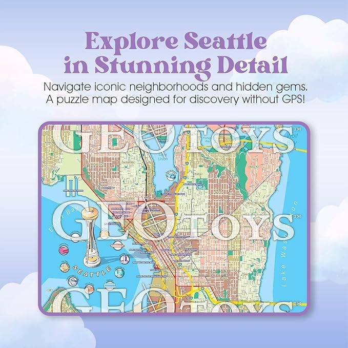GeoToys Metropuzzle, Seattle Map Jigsaw Puzzles 1000 Pieces - 27 x 19 Detailed Geography Puzzle, Challenging Adult Puzzle, Fun Puzzles for Adults, Map Poster Included for Adults
