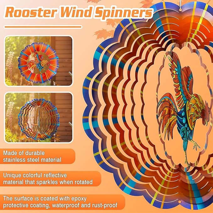 Rooster Wind Spinners Outdoor, 3D Hanging Wind Spinners Outdoor Metal Rooster Decor Chicken Gifts for Women Mom Hanging Chicken Decor, 12" Wind Spinners for Yard Garden Porch Outdoor