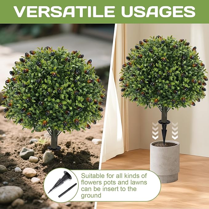 Artificial olive Topiary Ball Tree 24" with Ground Spike, Set of 2 Artificial Boxwood Bushes for Faux Shrubs, Fake Evergreen Faux Plant for Indoor Outdoor Porch Garden -UV Resistant–Fade-Proof