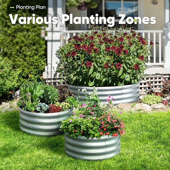 KING BIRD Raised Garden Bed Galvanized Round Planter Box Outdoor for Gardening, Plants, Vegetables, Flowers, Silver, 47x47x12 in 2 Packs