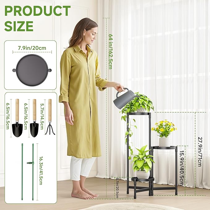 3-Tier Metal Plant Stand Indoor, Foldable Corner Plant Shelf Outdoor, Rotatable Tiered Tall Plant Stand, Black Multiple Plant Stands for Patio Living Room Balcony Garden Home Decor