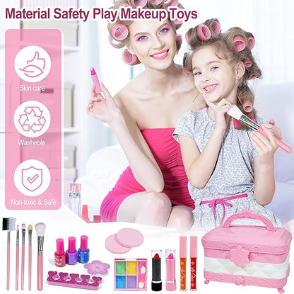 60 in 1 Kids Makeup Kit, with 3-Color Led Makeup Mirror Real Washable Kids Makeup Sets for Girls 5-8, Perfect Girl Birthday Gift, Age 3+