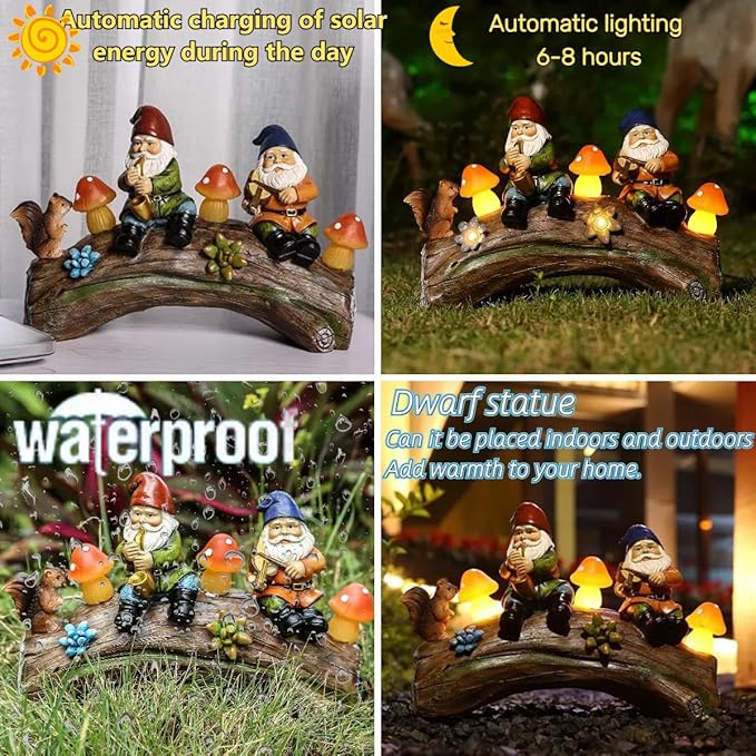 Funny Garden Gnome Statue Solar Powered Mushroom Figurine with Squirrel Gnome Durable Resin Outdoor Decoration for Patio Yard Lawn Ornament Housewarming Gift
