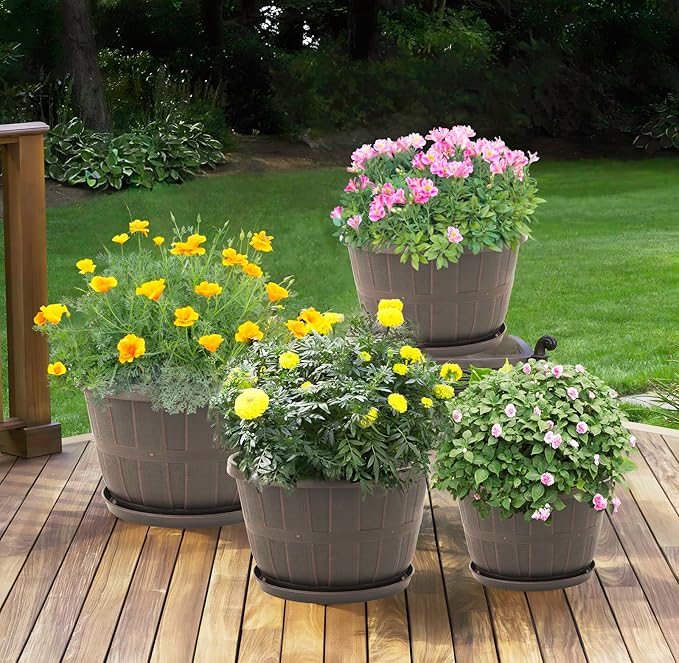 Quarut 14 Inch Plastic-Flower-Pot-for-Indoor-Plants, 4 Pack Large Outdoor Planter Pot with Drainage Holes & Saucers, Resin Decorative Garden Pots Planters（Brown）