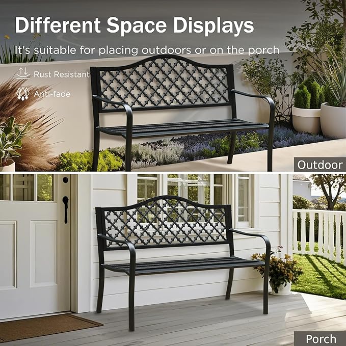 PHI VILLA 50" Outdoor Garden Patio Metal Bench for Outdoors with Plastic Backrest Armrests Sturdy Steel Frame, Black