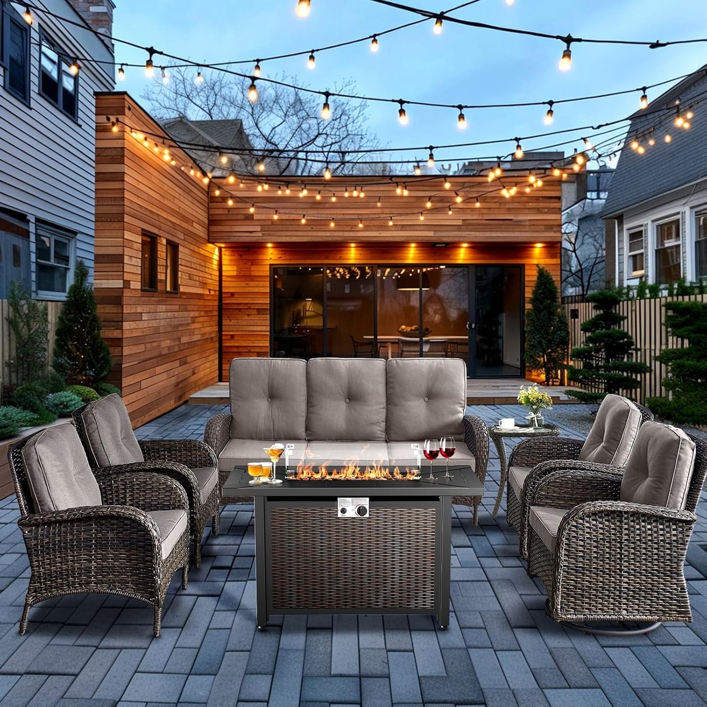 HUMMUH 7 Piece Patio Furniture Set with Fire Pit Table,Wicker Patio Swivel Rocker Outdoor Chairs 3-Seat Sofa for Porch,Poolside,Deck