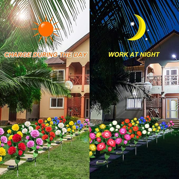 Solar Flower Lights Outdoor - Upgraded New Material Two Modes Realistic LED Solar Powered Waterproof Lights with 20 Roses, Solar Decorative Stake Lights for Garden (Blue, 4 Pack)