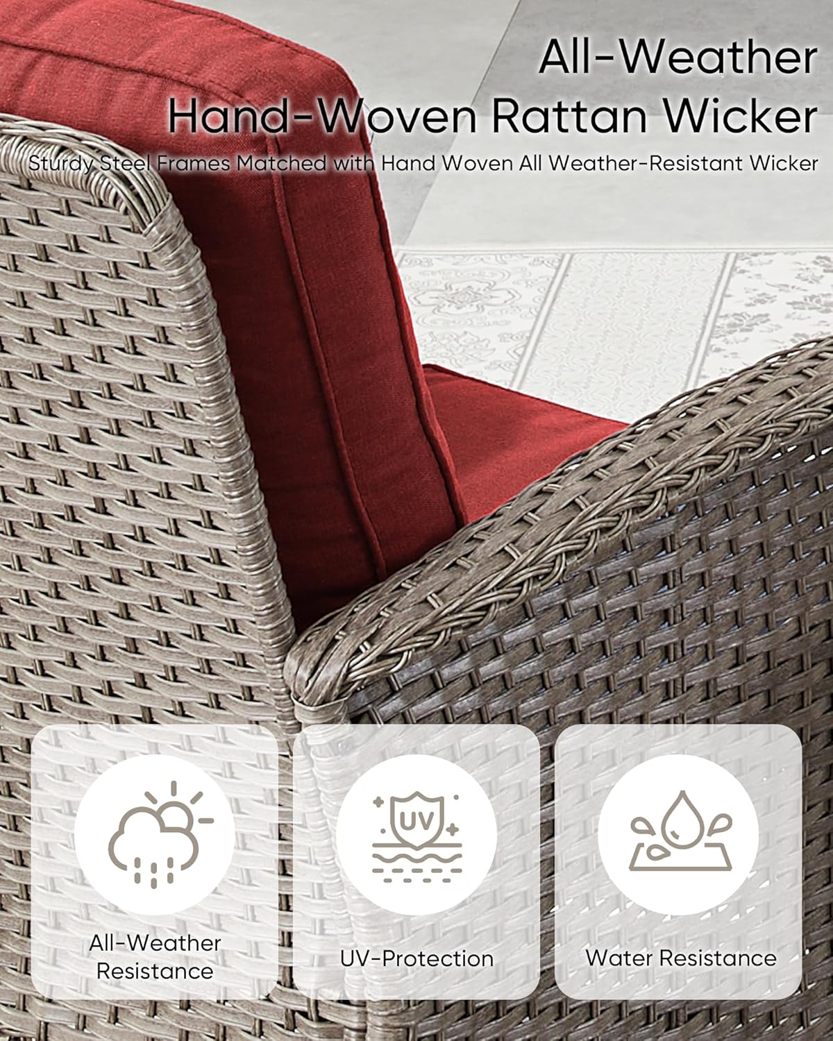 Patio Furniture-All Weather Wicker Patio Conversation Sets with Swivel Patio Chairs High Back Outdoor Couch with Swivel Rocking Chairs Outdoor Furniture for Deck Lawn Porch Balcony Poolside-Grey/Red