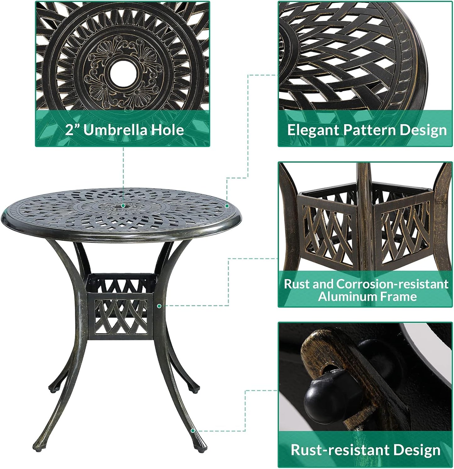 VIVIJASON 3-Piece Outdoor Patio Bistro Set, All-Weather Cast Aluminum Furniture Dining Sets Include 2 Cushioned Chairs and 31" Round Table w/Umbrella Hole for Balcony, Lawn, Garden, Backyard