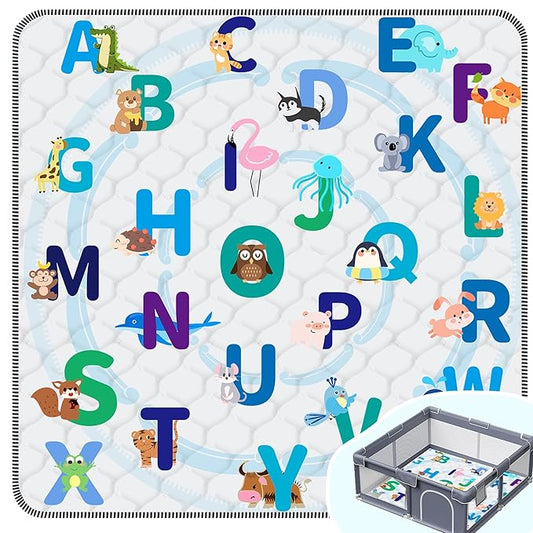 Baby Play Mat，Thick Soft 50" X 50" Playpen mat, Non-Slip and Machine Washable Baby Play Mats for Floor，Crawling Mat for Babies, Toddlers & Infants to Play and Learn (Animal Alphabet)