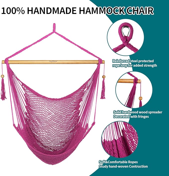JoyView Hammock Chair with Spreader Bar Caribbean Hammock Swing Chair 300 LBS Weight Capacity XL Rope Hanging Chair for Outdoor Indoor Garden Yard - Pink