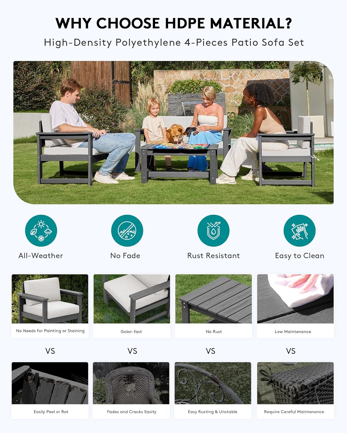 SERWALL 4 Pieces HDPE Outdoor Sofa Set with Cushions, All Weather Use Loveseat Furniture Sofa Set, Outdoor Conversation Couch with Coffee Table for Patio, Grey Frame with Khaki Cushions