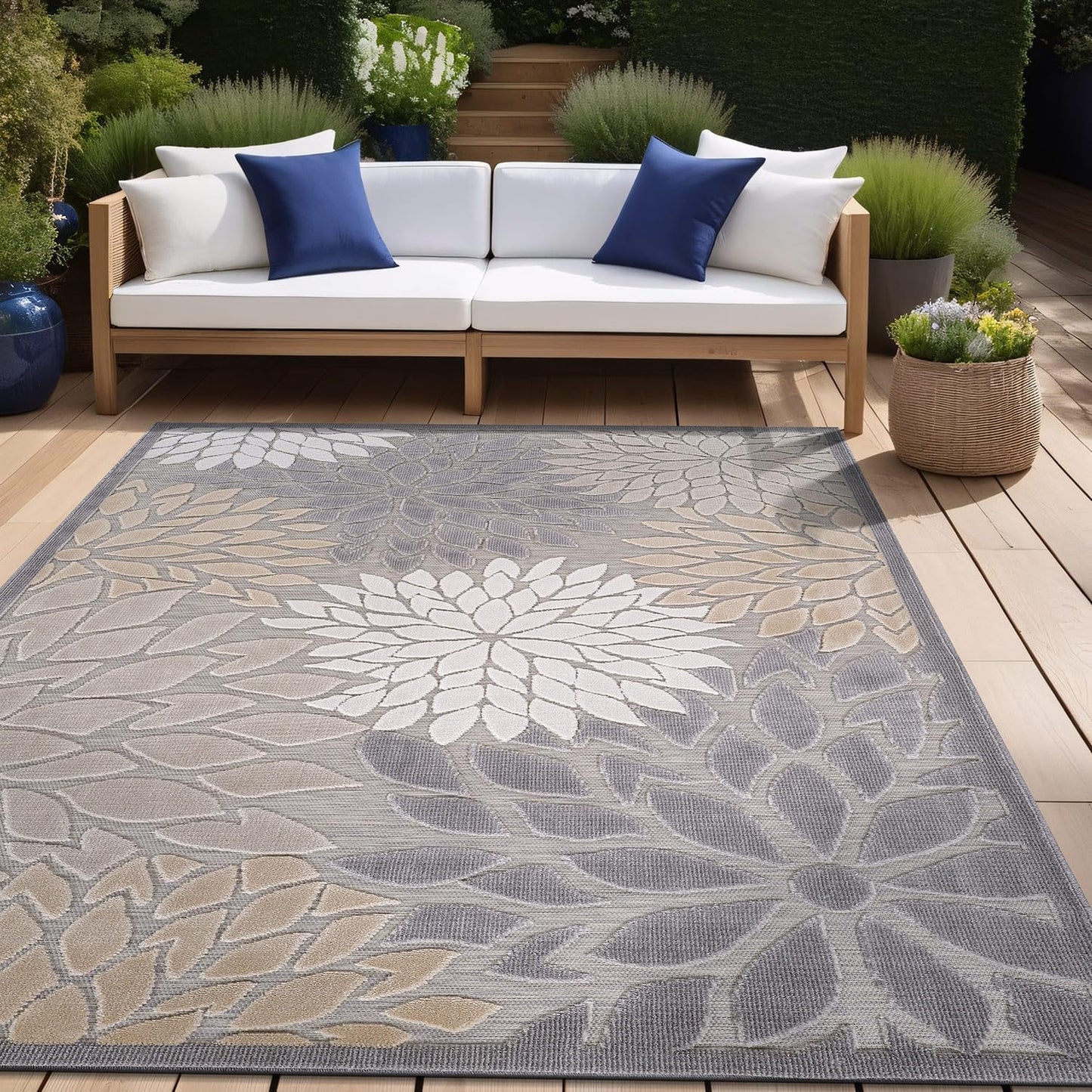 Beverly Rug Outdoor Rug 10x14 Large Modern Floral Tropical Area Rugs for Indoor and Outdoor Patio Easy to Clean Non Shedding Living Room Porch Garden Washable Outside Carpet (10 x 14 Gray)