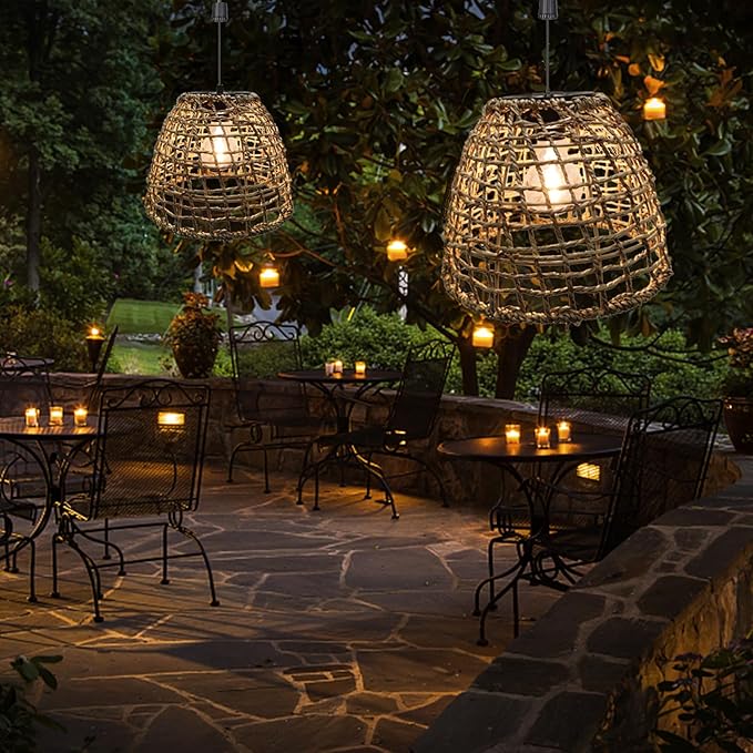 Larekook 6 Hours Timer Battery Operated Outdoor Hanging Light Seagrass Woven Waterproof Porch Gazebo Patio Pendant Lantern Chandelier Lighting Decorative Hollow-Out Auto On/Off Warm White Bulb
