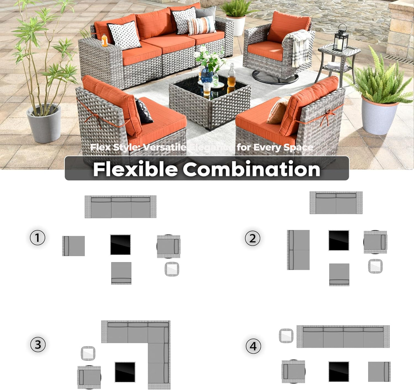 ovios 8 Pieces Patio Furniture Set, Outdoor Wicker Sectional Sofa with Swivel Chair Coffee Table, Modern Modular Deep Seat Rattan Couch Conversation Sets, Orange Red