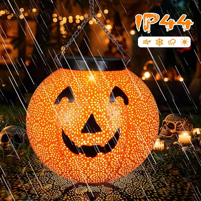 Halloween Solar Lantern Hanging Pumpkin Lights Outdoor Decoration - Solar Powered Lantern Lights Waterproof LED Decorative Lights for Porch Backyard Garden Tree Indoor Orange Halloween Lights Decor