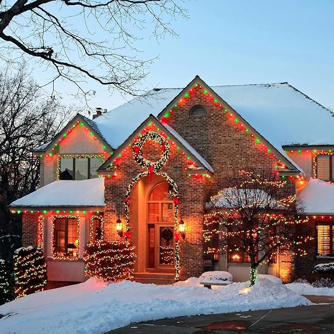 YEGUO Solar Fairy Lights Outdoor Waterproof, 4 Pack Each 33ft 100 LED String Lights, 8 Modes Silver Wire(Green and Red)