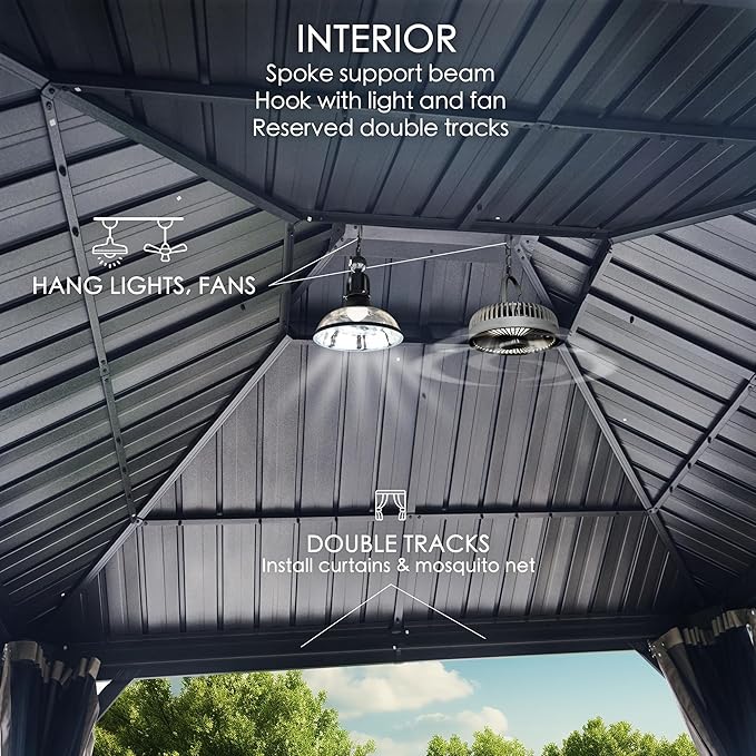 Kozyard Alexander 12' X 18' Hardtop Permanent Aluminum Metal Gazebo with Galvanized Steel Double Roof Canopy, Curtain and Netting, Gazebo Pavilion for Patio, Backyard, Deck, Lawn (Brown)