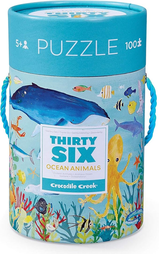 Crocodile Creek 100-Piece Jigsaw Puzzle for Kids Ages 5 and Up - Fun and Educational Table or Floor Puzzles - Storage Canister with Handle - Ocean Animals - 14” x 19” Finished