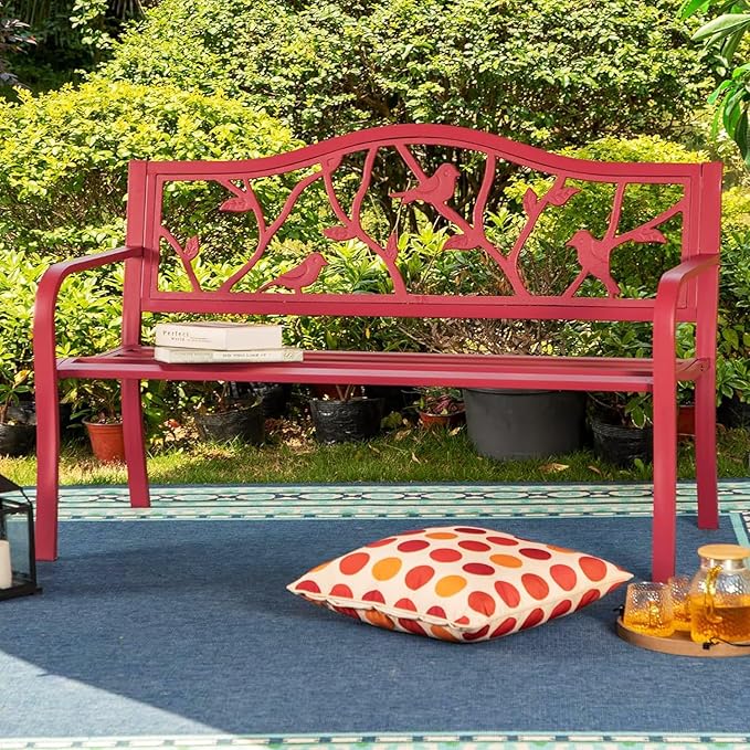 PHI VILLA Outdoor Patio 50" Metal Park Bench Red, Steel Frame Bench with Backrest and Armrests for Porch, Patio, Garden, Lawn, Balcony, Red Bird