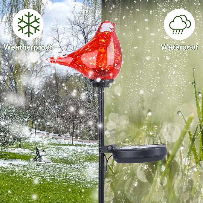 Afirst Solar Outdoor Lights - Decorative Solar Stake Lights Cardinal Handblown Glass Garden Stakes, Waterproof for Pathway Decoration, 2 Pack