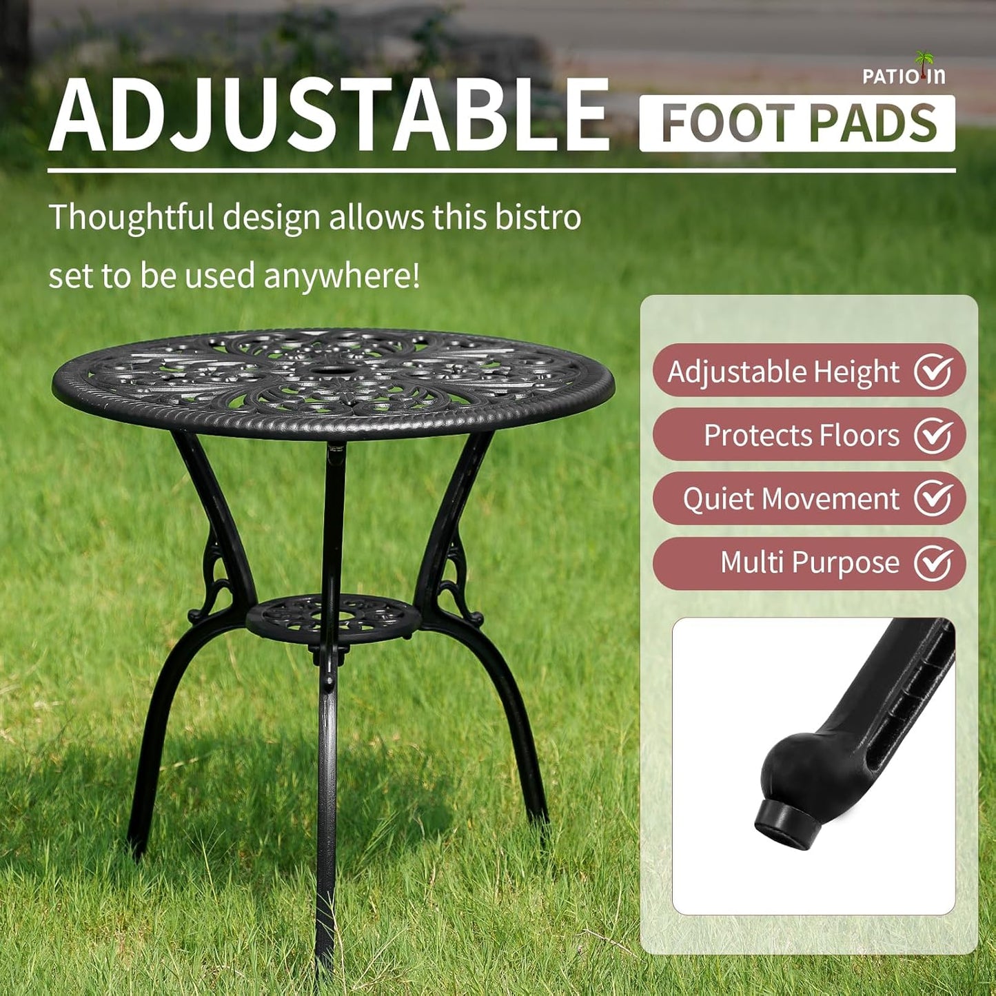 Outdoor Bistro Table and Chairs Set of 2, Outdoor Bistro Set 3 Piece with Umbrella Hole, Black Patio Bistro Sets Cast Aluminum for Balcony Porch Yard