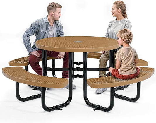 Metal Picnic Tables for Outdoors with Umbrella Hole - Coated Steel Heavy Duty Commercial Grade Table with Adjustable Seats (Brown, 46 in, Round, Expanded Steel)