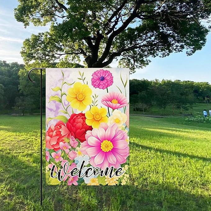 Welcome Spring Floral Garden Flags 12x18 Inch double sided,Seasonal Flowers Yard Holiday Outdoor Burlap Garden Farmhouse Decor