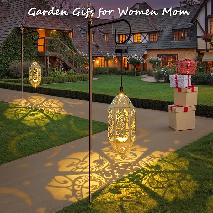 Outdoor Solar Lanterns Waterproof Fairy Moon Garden Gifts for Women Mom12.4‘’ Metal Garden Lanterns Hanging Light for Patio Backyard Decorations, Mothers Day Birthday Gifts (Gold White,2Pack)