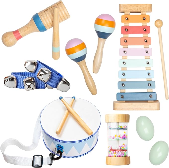 Baby Wooden Musical Instruments Set -7 PCS Montessori Percussion Toys for Toddlers & Kids - Safe Natural Wood Waldorf Toys for Hand-Eye Coordination, Sensory Play & Screen-Free Family Fun