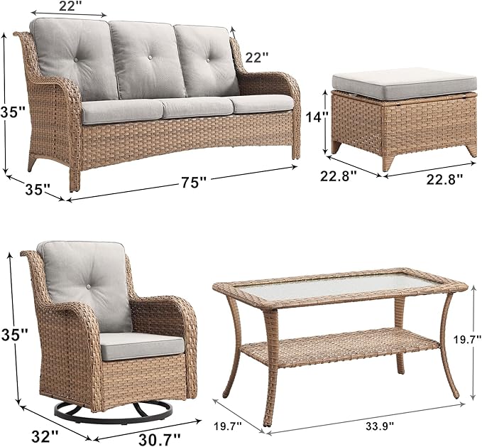 Outdoor Wicker Patio Furniture Set - 6 Piece Rattan Patio Conversation Set with 2 Rocking Swivel Chairs,2 Ottomans,1 Sofa and 1 Coffee Table for Porch Deck Backyard Garden(Yellow/Beige)