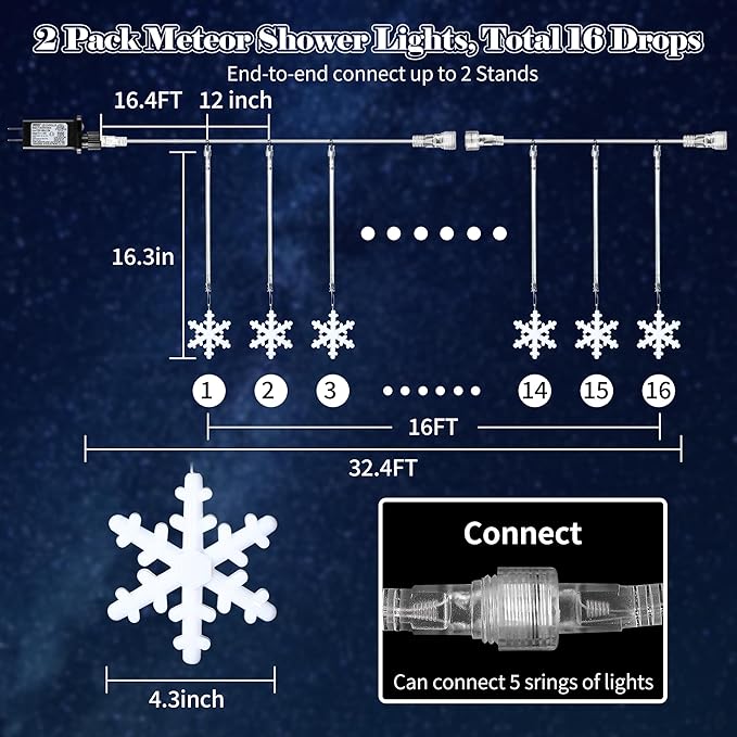 Enhon 2 Pack Meteor Shower Snowflake Lights Outdoor with Timer, Total 480 LED 12in 16 Tube Connectable Waterproof Meteor Rain Drop Christmas Light with Snowflake for Xmas Tree Roof Garden(Blue)
