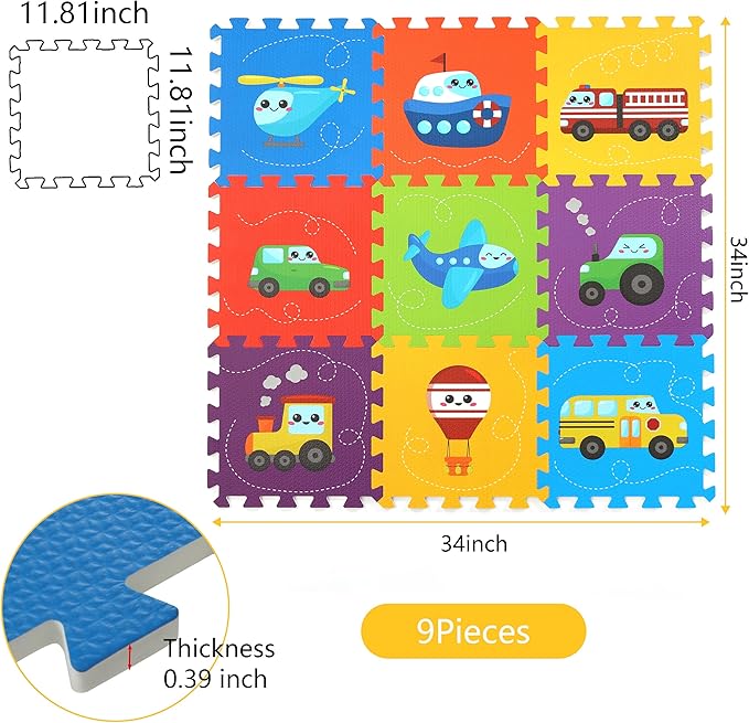 Baby Play Mat, Foam Playmat for Babies, Kids Play Mat, Foam Floor Tiles 34×34 9 Pieces Vehicle Puzzle Mat