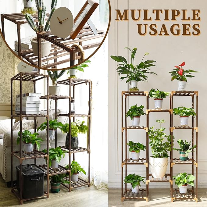 Uneedem Plant Stand Indoor Outdoor, Tall Plant Shelf for Multiple Plants, 10 tiers 11 Pot Large Plant Rack Wood Plant Holder Plant Shelves for Room Corner Balcony Garden Patio