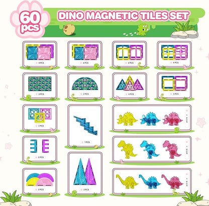 60PCS Dinosaur Toys Magnetic Tiles for Girls, Magnet Building Blocks Sensory Toy for Girls Boys Ages 3-5 4-8, STEM Learning Construction Toddler Girl Toys Birthday Gift for 3+ Years Old Kids Toy