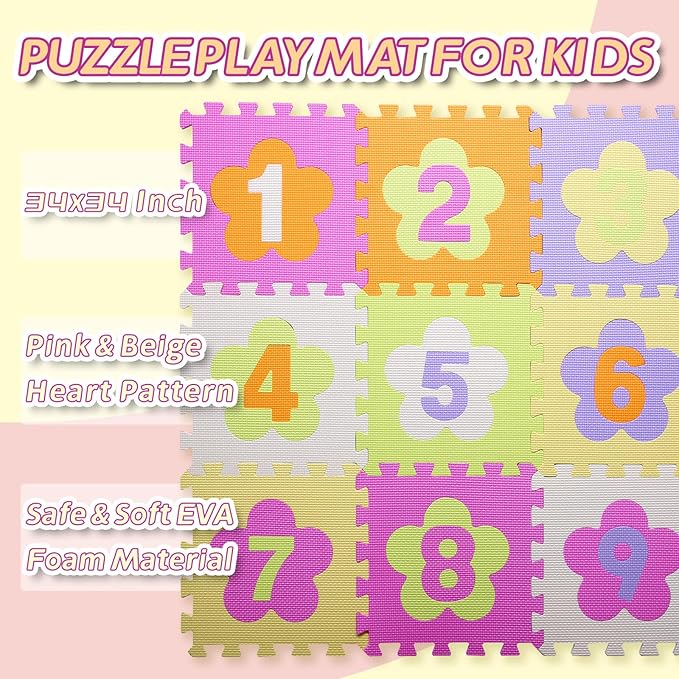 Coolcandy Baby Play Mat Without Fence, 9Pcs Interlocking Puzzle Floor Mat, 0.4" Thick Non-Toxic EVA Foam Play Mat, for Infants & Toddlers 3-36 Months, Soft Puzzle Tiles for Play Areas