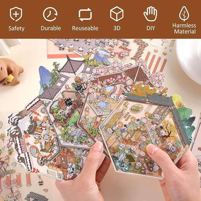 Girls 3D Miniature Scene Stickers, 4 Sets Chinese Courtyard DIY House Stickers for Lunar New Year, Spring, Summer, Auturn, Cute 3D Cartoon Sticker Scenes for Adult Kids Relief Stress Pass The Time