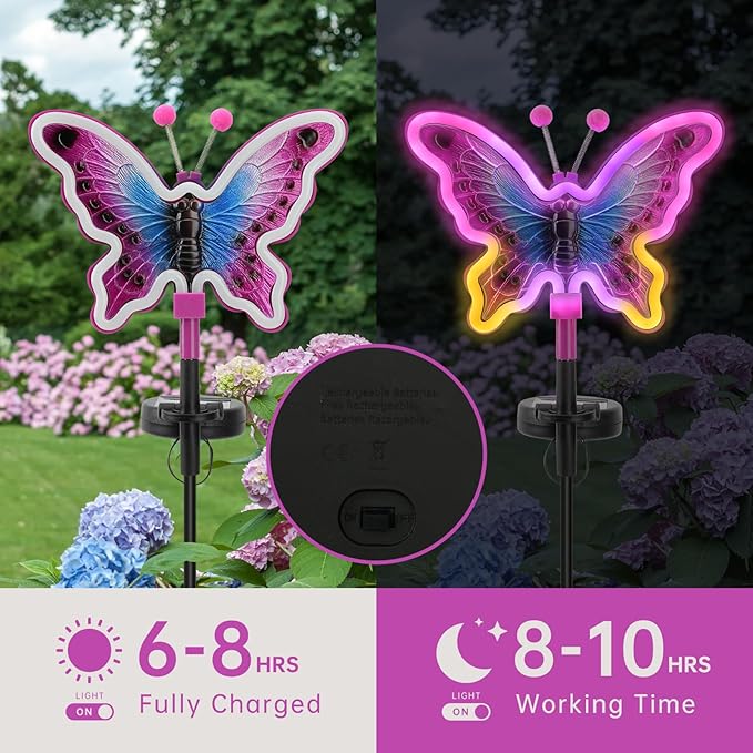 Butterfly Solar Lights, Solar Butterfly Outdoor Light, Garden Decor,Neon Butterfly Garden Lights for Outside, Yard, Pathways,Patio, Lawn, or Landscaping Decor (Amaranth, 2 Pack)