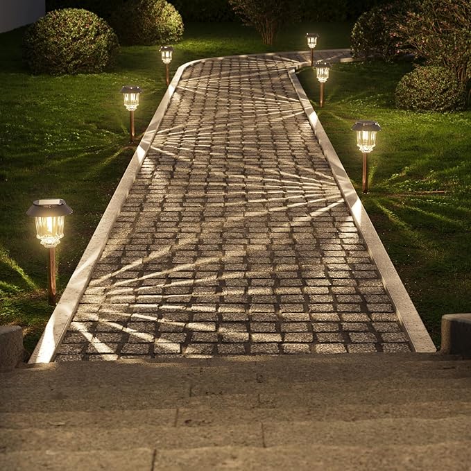 XMCOSY+ Solar Lights Outside Waterproof - 4 Pack Auto On/Off 10-40 LM Dimmable Outdoor Solar Lights for Yard Garden Pathway Driveway Walkway (Warm White)