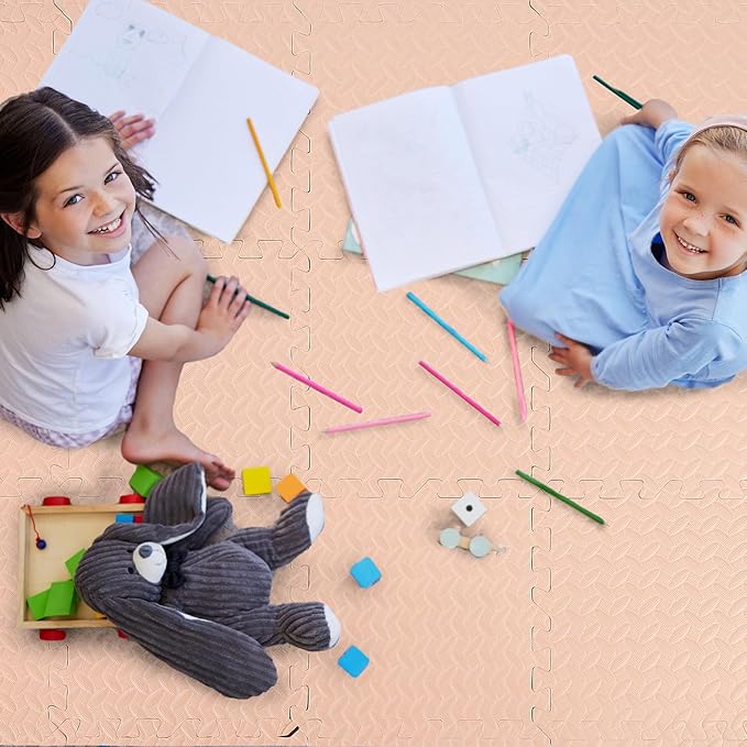 12 Tiles 12x12x1 Inch EVA Thick Interlocking Foam Floor Tiles Puzzle Exercise Mat Play Foam Mats for Boys Girls Baby Pets Home Classroom Nursery Gym(Beige)