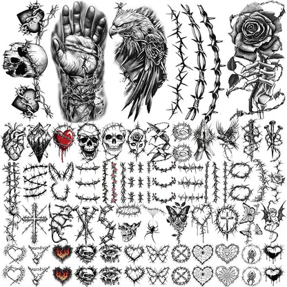 77 Sheets Temporary Tattoo for Women Men, 17 Sheets Half Arm Large Black Barbed Wire Fake Tattoos, 60 Sheets Skull Heart Flowers Tiny for Adult Kids Cosplay Party Body Tattoos Stickers Realistic