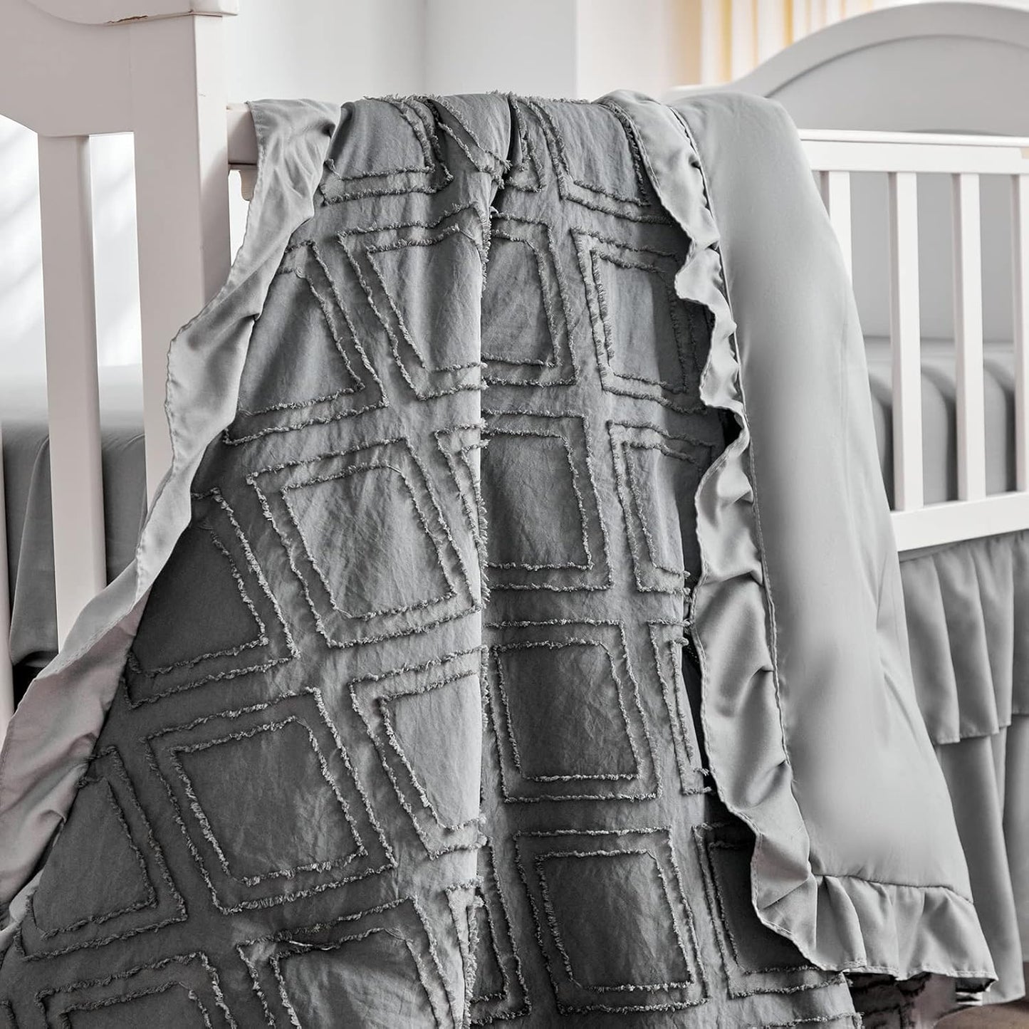 Tufted Ruffle Crib Bedding Set 3 Pieces Baby Boho Quilted Comforter with Fitted Sheet and Bed Skirt - Cute Ruffled Shabby Chic Baby Bedding Soft Blanket Design Gray