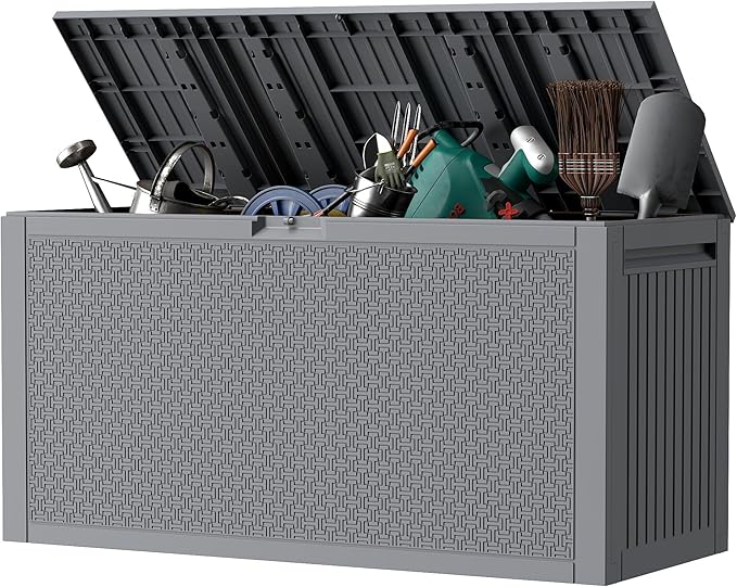 Outdoor Storage Box, 90 Gallon Deck Box, Waterproof Resin Storage Bin for Patio Cushions, Gardening Tools, Lockable, UV Resistant, Grey