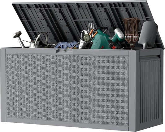Outdoor Storage Box, 90 Gallon Deck Box, Waterproof Resin Storage Bin for Patio Cushions, Gardening Tools, Lockable, UV Resistant, Grey