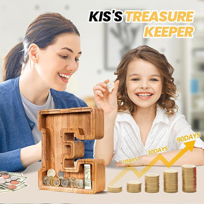 KMC Wooden Letter Piggy Bank, Personalized Initial Piggy Bank for Kids Boys, Clear Alphabet E Wood Money Box, Unbreakable Coin Saving Jar, Birthday, for Children