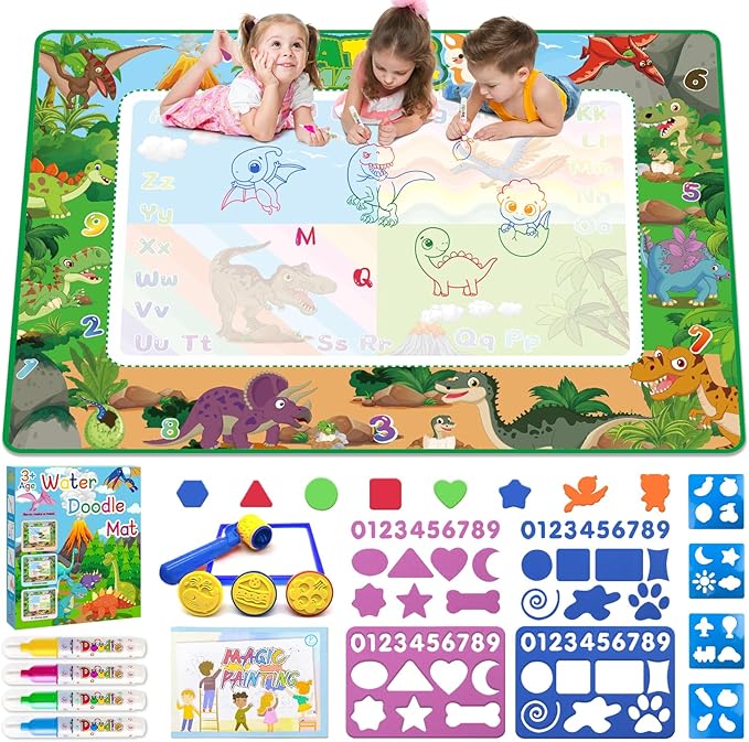 60×40 Inches Water Doodle Mat Kids Mess Free Coloring for Toddlers 3 4 5 6 7 8 9 Years, Large Doodle Mat with 4 Magical Water Color Pens 0-9 Number Template Educational Toys